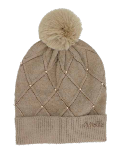 Anekke beżowa czapka z perełkami i pomponem