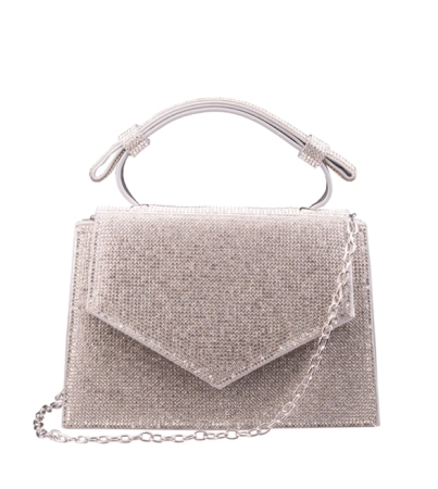 Elegancka srebrna torebka wieczorowa z ozdobną rączką i łańcuszkiem