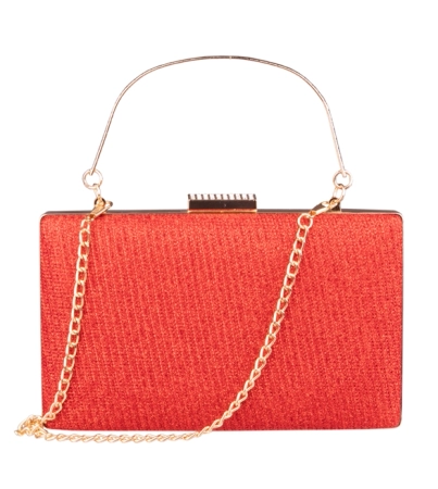 Czerwona torebka wieczorowa z krótkim uchwytem i długim łańcuszkiem