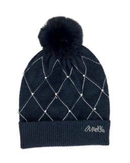 Anekke granatowa czapka z perełkami i pomponem