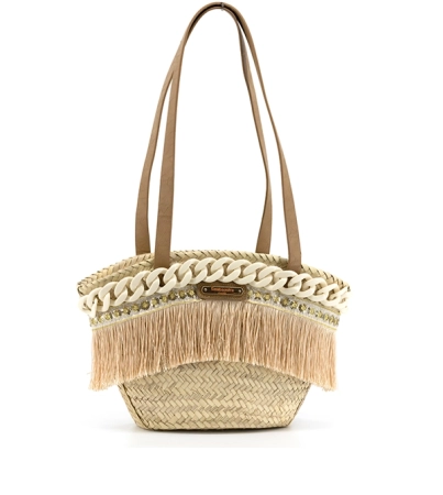 Simosastre koszyk ręcznie pleciony z rafii z ozdobami